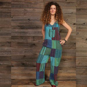 Striped Patchwork Wide Leg Overalls-Turquoise